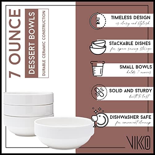 Vikko Small 7 Ounce White Bowl, Set of 4 White Dessert Bowls, Fine Porcelain, Stackable Small Snack Bowl, Dishwasher Safe