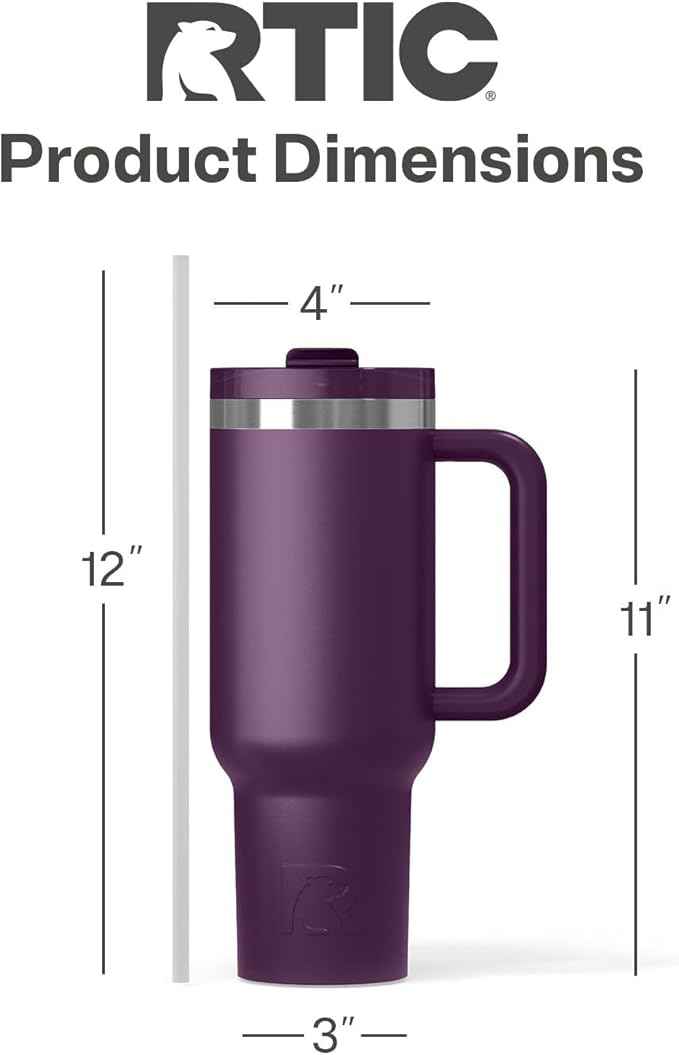 RTIC 40 oz Road Trip Tumbler Double-Walled Cermaic Lined Insulated Stainless Steel Portable Travel Coffee Mug Cup with Lid, Handle and Straw, Plum