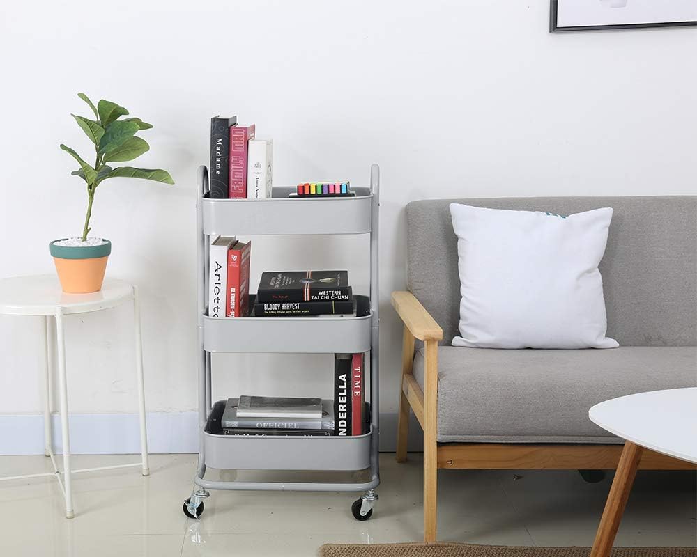 Melody House 3-Tier Metal Mesh Utility Rolling Cart Storage Organization Cart with Wheels, Light Gray