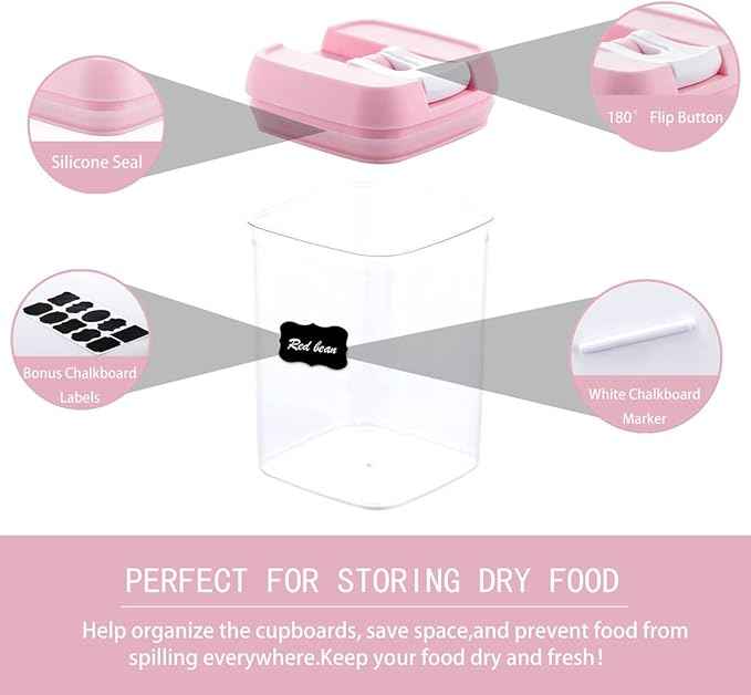 U-QE Airtight Food Storage Container Set-10 Piece BPA Free Clear Plastic Cereal Canisters with Easy Lock Lids-Kitchen & Pantry Organization Containers for Sugar, Flour, Cereal, Labels & Marker(Pink)