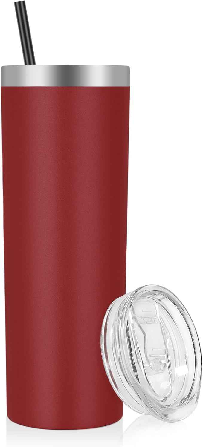 VEGOND 20 oz Stainless Steel Skinny Tumbler with Lids and Straws, 20oz Double Wall Insulated Slim Tumbler Cup for Cold Hot Drinks, Wine Red 1 Pack