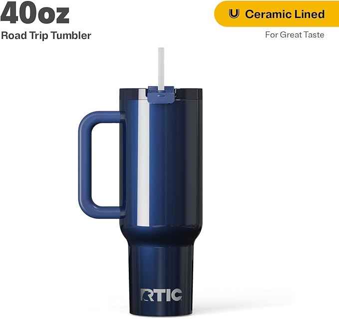 RTIC 40 oz Road Trip Tumbler Double-Walled Insulated Stainless Steel Portable Travel Coffee Mug Cup with Lid, Handle and Straw, Midnight Dust Metallic
