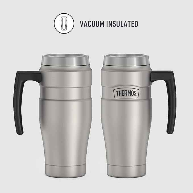 THERMOS Stainless King Vacuum-Insulated Travel Mug with Handle-16oz,Matte Steel-Thermos Tumbler for Hot&Cold Drinks-Leak-Proof&Sweat-Proof Stainless Steel Coffee Mug with Lid for Commuting,(Pack of 4)