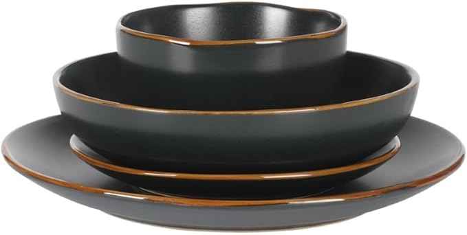 Gibson Home Hazeltine 16-Piece Black Stoneware Dinnerware Set – Plates and Bowls, Durable Ceramic Kitchen Dinner Set