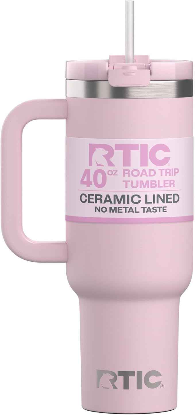 RTIC 40 oz Road Trip Tumbler Double-Walled Cermaic Lined Insulated Stainless Steel Portable Travel Coffee Mug Cup with Lid, Handle and Straw, Pale Pink