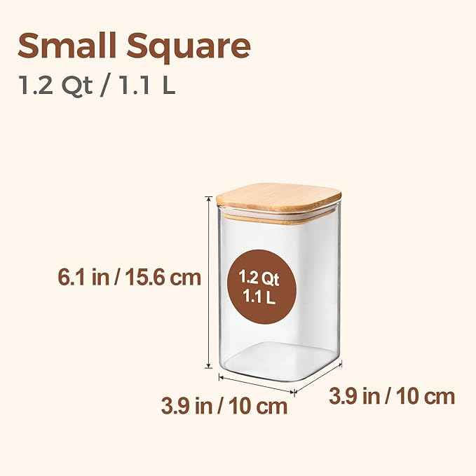 ComSaf 1.2 QT Glass Storage Containers with Lids, Glass Jars with Lids, Clear Food Jar, Square Canister Set of 6, Pantry Organizers and Storage for Cookie Flour Oat Pasta Tea Coffee Bean (Pack of 2)