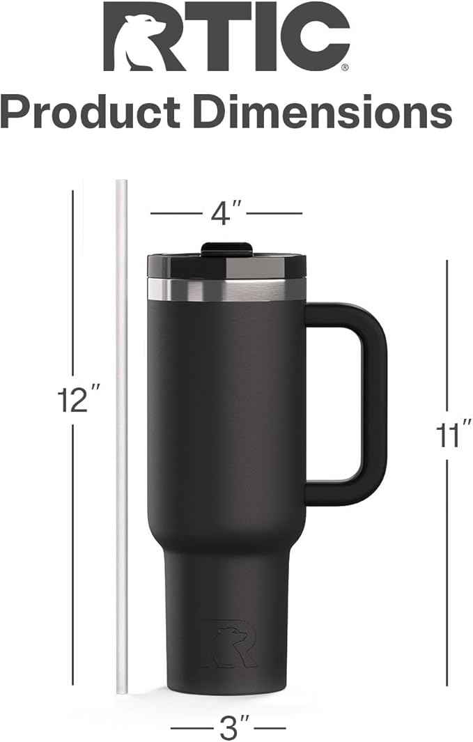 RTIC 40 oz Road Trip Tumbler Double-Walled Cermaic Lined Insulated Stainless Steel Portable Travel Coffee Mug Cup with Lid, Handle and Straw, Black