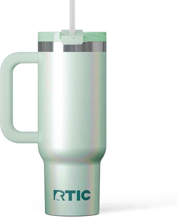 RTIC 30 oz Road Trip Tumbler Double-Walled Ceramic Lined InsulatedStainless Steel Portable Travel Coffee Mug Cup with Lid, Handle and Straw, Fresh Mint Glitter