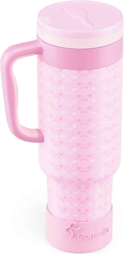 40 oz Insulated Tumbler with Handle and Push-Button Straw Lid, Stainless Steel Travel Cup for Gym Office, Leakproof, BPA-Free, Cup Holder Friendly, Bow Silicone Boot, Pink (Coquette Candy)