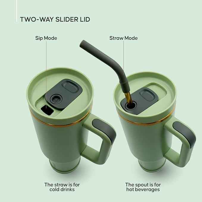 40oz Travel Tumbler Cup with Handle, Two-Way Slider Lid, Stainless Steel Straw with Silicone Tip, Vacuum Insulated Water Bottle for Hot & Cold Drinks, Great Gifts for Mom (Green Gold)