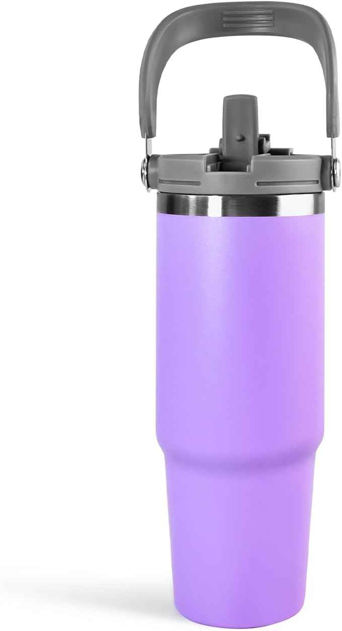 30 oz Tumbler with Handle and Straw Lid, Double Walled Vacuum Insulated Water Bottle Leakproof Tumbler Travel Coffee Mug Thermal Cup, Cupholder Friendly for Office, Home, Sport, Purple