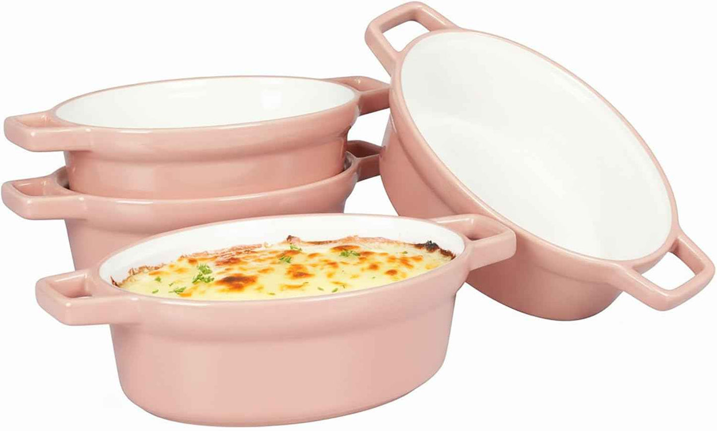 Oval Au Gratin Baking Dishes 6" x 5" for Oven Safe Cooking and Baking, Set of 4, 15 OZ Heat Resistant Ceramic Individual Gratin with Handles for Serving, Small Mini Casserole Dish, Pink