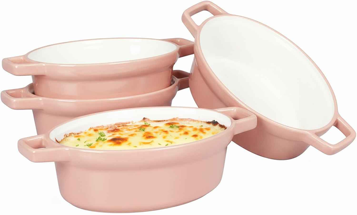 Oval Au Gratin Baking Dishes 6" x 5" for Oven Safe Cooking and Baking, Set of 4, 15 OZ Heat Resistant Ceramic Individual Gratin with Handles for Serving, Small Mini Casserole Dish, Pink