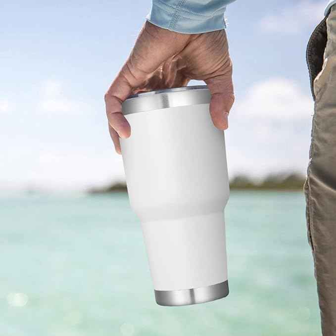 DOMICARE 30 oz Tumbler with Lid and Straw, Stainless Steel Tumblers Bulk, Insulated Vacuum Double Wall Travel Coffee Mug, Durable Powder Coated Tumbler Cup (White, 1)