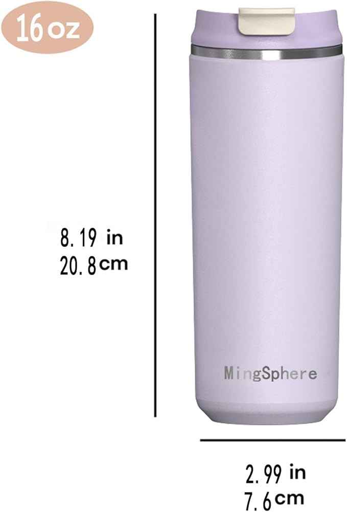 Travel Coffee Mug with Lid, 16 oz Insulated Tumbler, Leak Proof Stainless Steel Cup, for Hot Coffee, Iced Tea & Water, BPA Free, Car Cups Holder Friendly, Lavender Purple