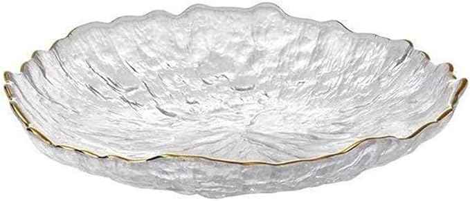 Glass Salad Bowl Irregular Lotus Flower Shape Serving Bowls, Mixing Nut Bowls for Kitchen Fruist, Snack, Dessert, and Ice Cream Candy Dishes (Plate with Gold Rim Crystal Clear, Small)