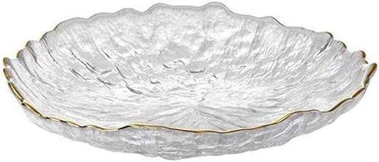 Glass Salad Bowl Irregular Lotus Flower Shape Serving Bowls, Mixing Nut Bowls for Kitchen Fruist, Snack, Dessert, and Ice Cream Candy Dishes (Plate with Gold Rim Crystal Clear, Small)