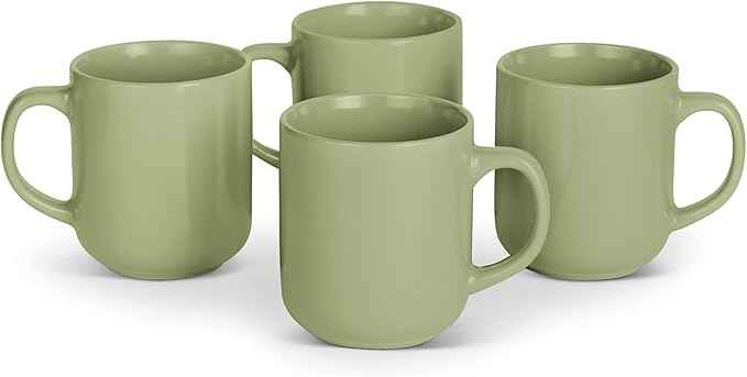 Amazon Basics Glazed Stoneware Coffee and Tea Mugs, Ceramic 4-Piece Set, 16 oz, Microwave, Freezer and Dishwasher-Safe, Stain-Resistant, Olive