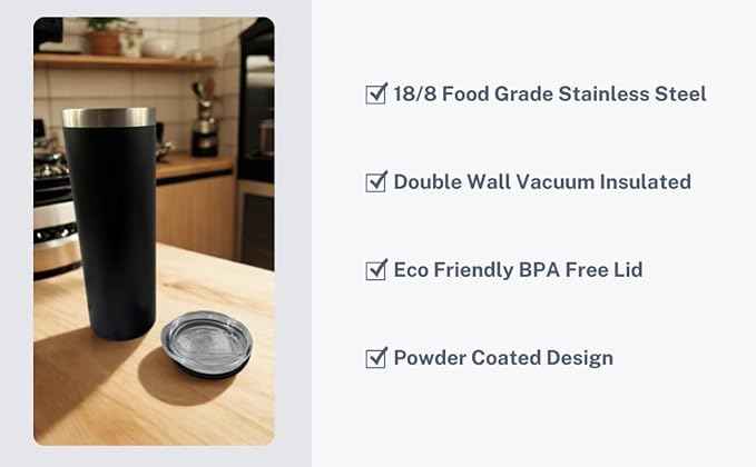 20 oz Powder Coated Cup Double Wall Stainless Steel 20oz Skinny Straight Tumbler with Lid: Black