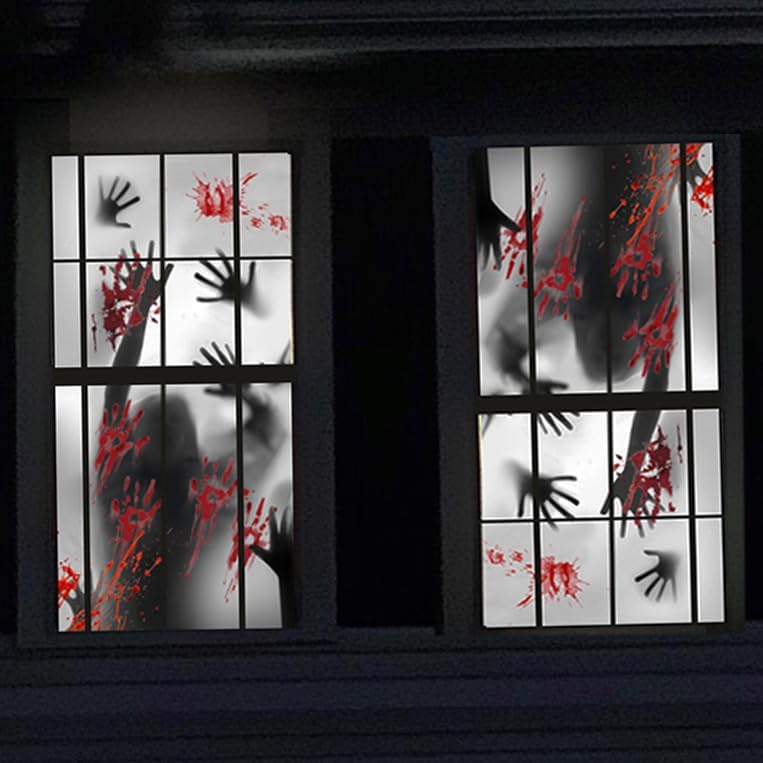 Rypyp 2PCS Halloween Decorations Indoor Window Clings, Large Window/Door Covers(59x30in)- Scary Zombie with Bloody Handprints at The Window, Halloween Haunted House Party Décor, Garage Door Cover