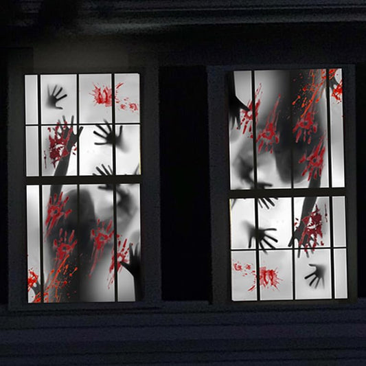 Rypyp 2PCS Halloween Decorations Indoor Window Clings, Large Window/Door Covers(59x30in)- Scary Zombie with Bloody Handprints at The Window, Halloween Haunted House Party Décor, Garage Door Cover