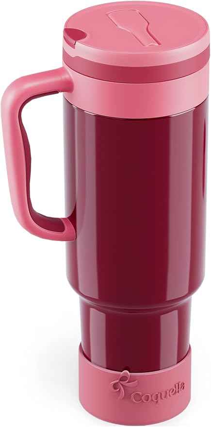 40 oz Insulated Tumbler with Handle and Push-Button Straw Lid, Stainless Steel Travel Cup for Gym Office, Leakproof, BPA-Free, Cup Holder Friendly, Bow Silicone Boot, Red (Wine Burgundy)