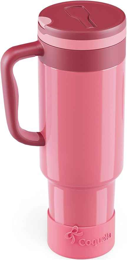 40 oz Insulated Tumbler with Handle and Push-Button Straw Lid, Stainless Steel Travel Cup for Gym Office, Leakproof, BPA-Free, Cup Holder Friendly, Bow Silicone Boot, Pink (Dusty Rose)