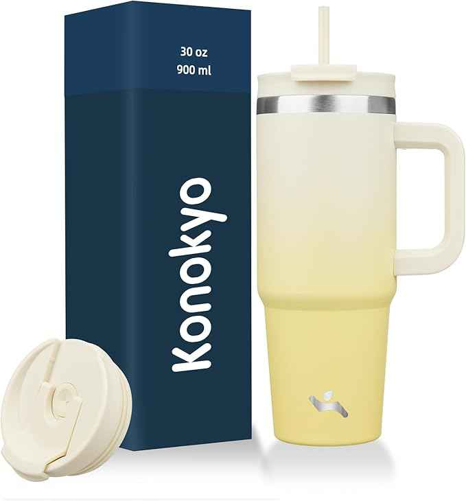 Konokyo 30 oz Tumbler with Handle and 2 Straws,2 in 1 Lid Insulated Water Bottle Stainless Steel Travel Coffee Mug,Lemon