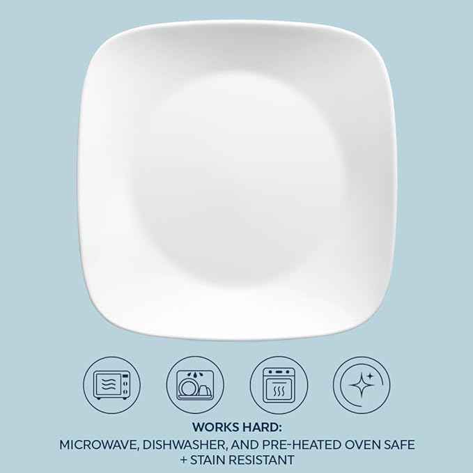 Corelle Vitrelle 18-Piece Service for 6 Square Dinnerware Set Triple Layer Glass and Chip Resistant, Lightweight Square Plates and Bowls Set, Pure White