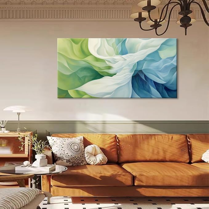 LASMOND Abstract Lines Wall Art for Living Room Canvas Prints Aqua Turquoise Blue Green Artwork Paintings Decor Bedroom Office Girl Woman (40x20 Inches)