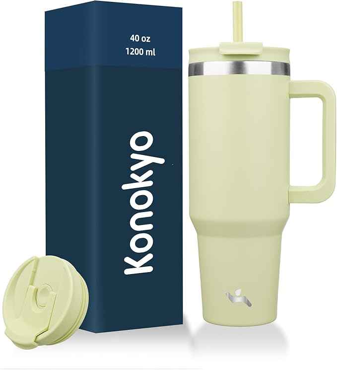 Konokyo 40 oz Tumbler with Handle and 2 Straws,2 in 1 Lid Insulated Water Bottle Stainless Steel Travel Coffee Mug,Macaron Green