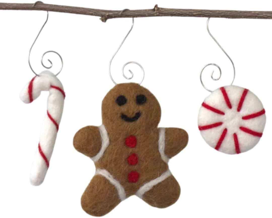 Felt Christmas Ornaments- Set of 3- Gingerbread Man, Peppermint, Candy Cane- with Hooks- Winter Holiday Decoration, Handmade Tree Decor Gift- 100% Wool