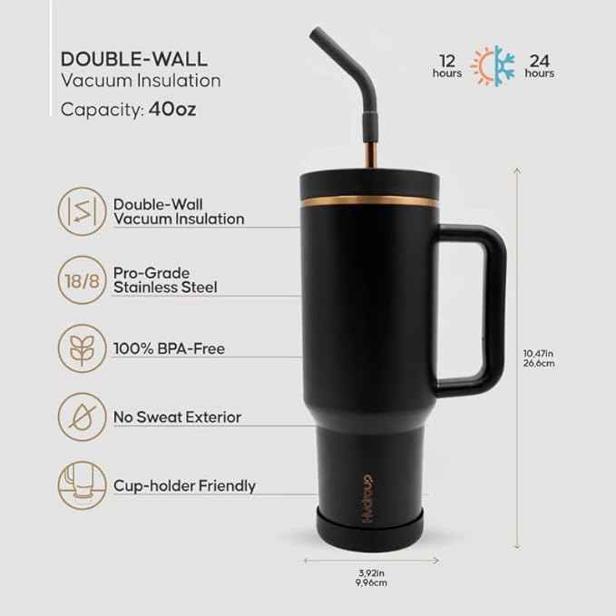 40oz Travel Tumbler Cup with Handle, Two-Way Slider Lid, Stainless Steel Straw with Silicone Tip, Vacuum Insulated Water Bottle for Hot & Cold Drinks, Great Gifts for Mom (Black Gold)