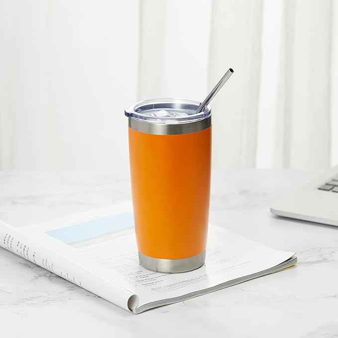 COMOOO 20oz Double Wall Vacuum Insulated Travel Mug Bulk Stainless Steel Tumbler with Lid and Straw Durable Powder Coated Insulated Coffee Cup for Cold & Hot Drinks (Orange, 12 pack
