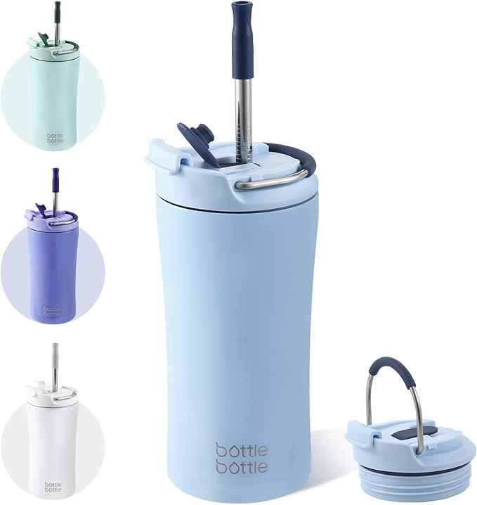 BOTTLE BOTTLE Coffee Tumbler with Dual-use Lid and Straw Double Walled Iced Travel Coffee Mug for Woman and Man 12 oz Stainless Steel Insulated Tumbler with Handle (blue)