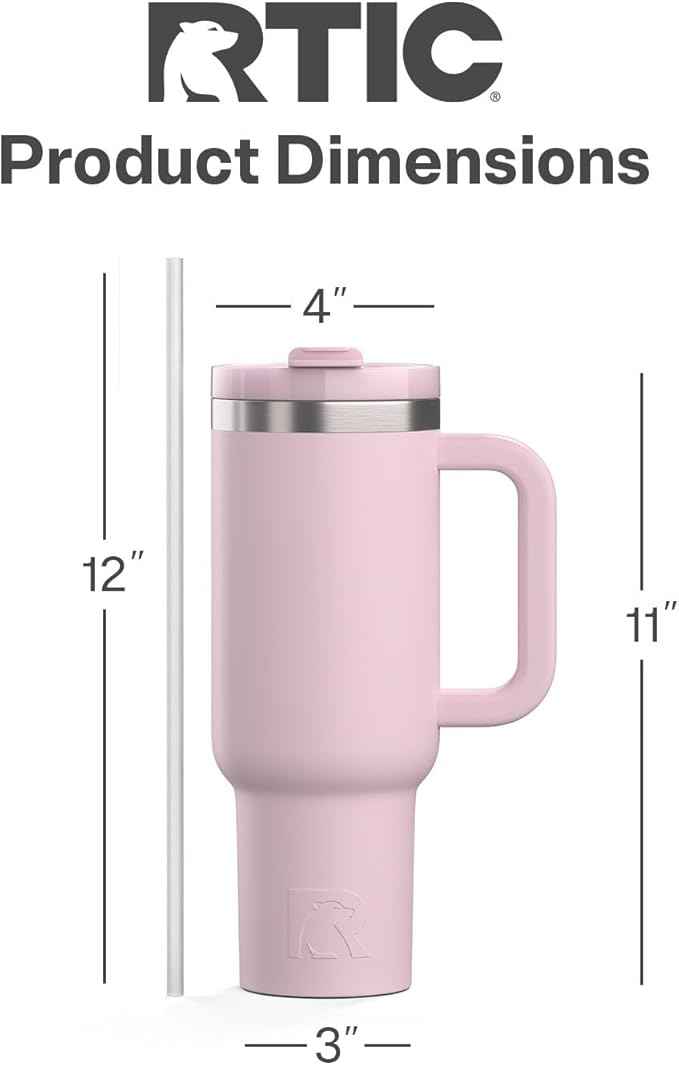 RTIC 40 oz Road Trip Tumbler Double-Walled Cermaic Lined Insulated Stainless Steel Portable Travel Coffee Mug Cup with Lid, Handle and Straw, Pale Pink