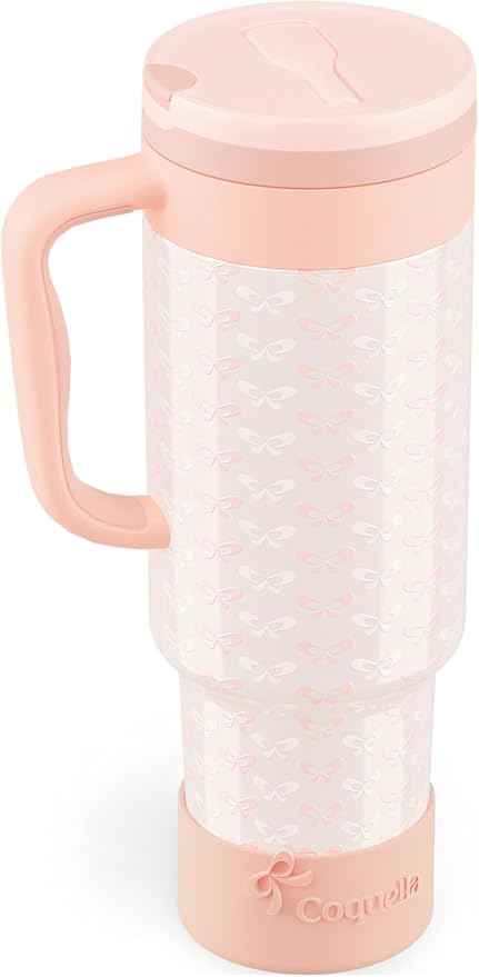 40 oz Insulated Tumbler with Handle and Push-Button Straw Lid, Stainless Steel Travel Cup for Gym Office, Leakproof, BPA-Free, Cup Holder Friendly, Bow Silicone Boot, Cream (Coquette Peachy)