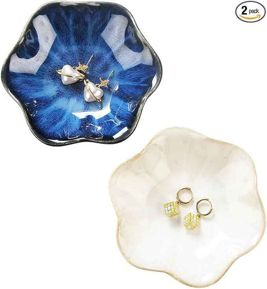 2PCS Lotus Leaf Shape Ring Holder Dish, Small Key Bowl, Ceramic Trinket Tray Jewelry Dish Organizing Necklace Earrings for Mom Friend Sister, All Jewelries Are NOT Included.White+Deep Blue.