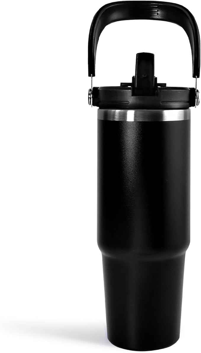 CHLJAR 30 oz Tumbler with Handle and Straw Lid, Double Walled Vacuum Insulated Water Bottle Leakproof Tumbler Travel Coffee Mug Thermal Cup, Cupholder Friendly for Office, Home, Sport, Black