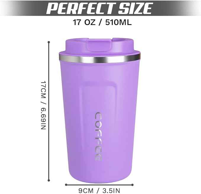 SPLMIFA Travel coffee mugs leak-proof, reusable coffee cup with lid, stainless steel vacuum insulated coffee tumblers, thermal insulation cups for men & women keep drinks hot & cold (2nd-Purple, 17OZ)