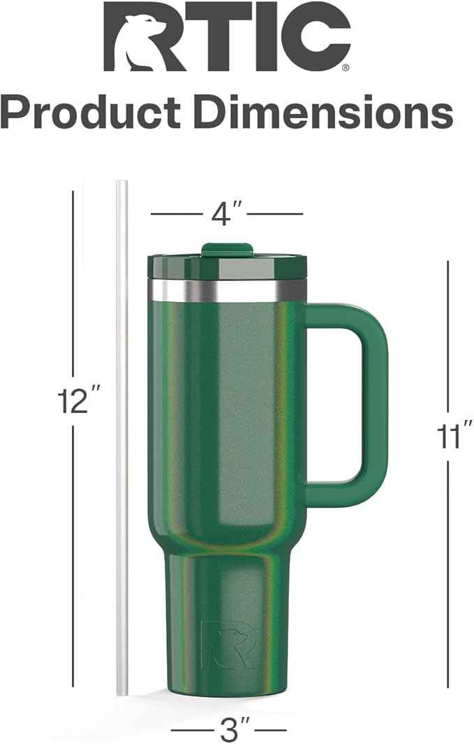 RTIC 40 oz Road Trip Tumbler Double-Walled Cermaic Lined Insulated Stainless Steel Portable Travel Coffee Mug Cup with Lid, Handle and Straw, Pine Tree Glitter