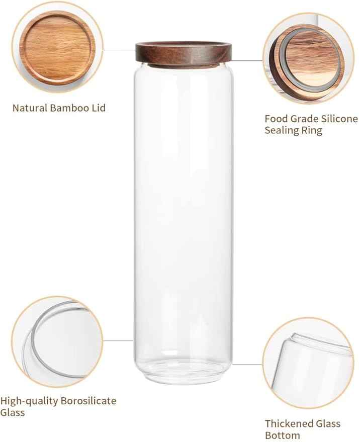 Kanwone Airtight Food Storage Containers Set of 3, 54 Ounce Glass Storage Containers with Bamboo lids, Clear Glass Canisters for Pantry, kitchen, Flour, Sugar, Tea, Coffee, Cookies, Spice and Herbs