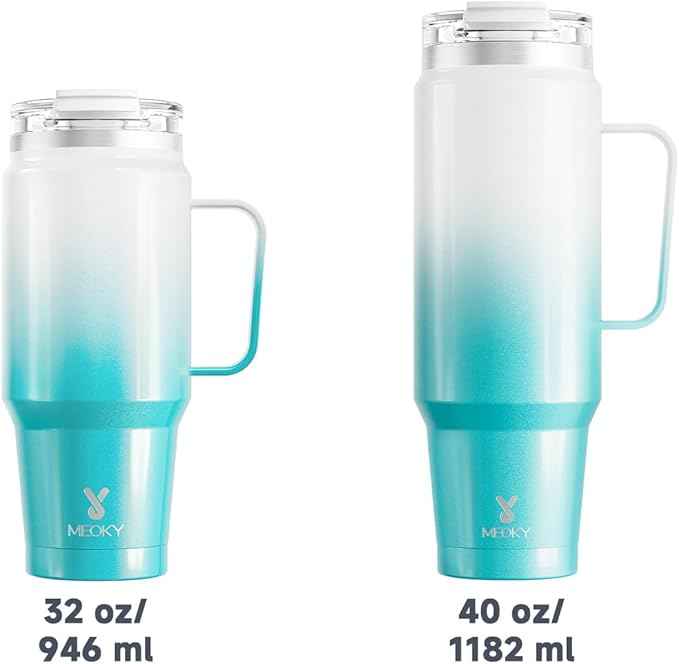 Meoky 32 oz Tumbler with Handle, Insulated Tumbler with Lid and Straw, Stainless Steel Travel Mug, 100% Leak Proof, Keeps Cold for 24 Hours or Hot for 8 Hours, Fits in Car Cup Holder (Azure)