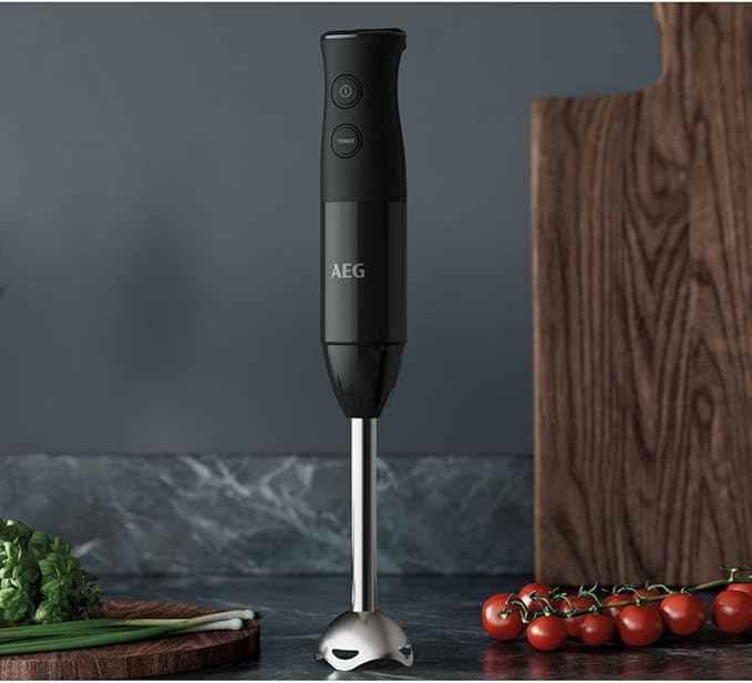 AEG HB4-1-6GG hand blender, including 2 stainless steel blades, comprehensive accessories, BPA-free, 2 speed settings, turbo function, dishwasher safe, brushed stainless steel / grey