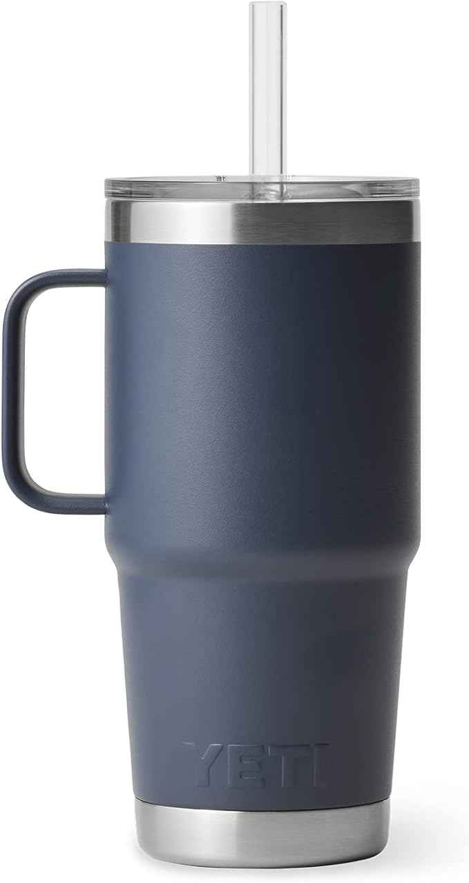 YETI Rambler 25 oz Tumbler with Handle and Straw Lid, Travel Mug Water Tumbler, Vacuum Insulated Cup with Handle, Stainless Steel, Navy