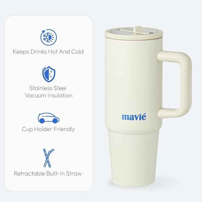 30oz Tumbler With Handle & Built-In Flip Straw, Double Insulated Stainless Steel Water Bottle With Leakproof Clear Lid, Scratch Resistant, Reusable Cup Holder Friendly Travel Coffee Mug (Cream)