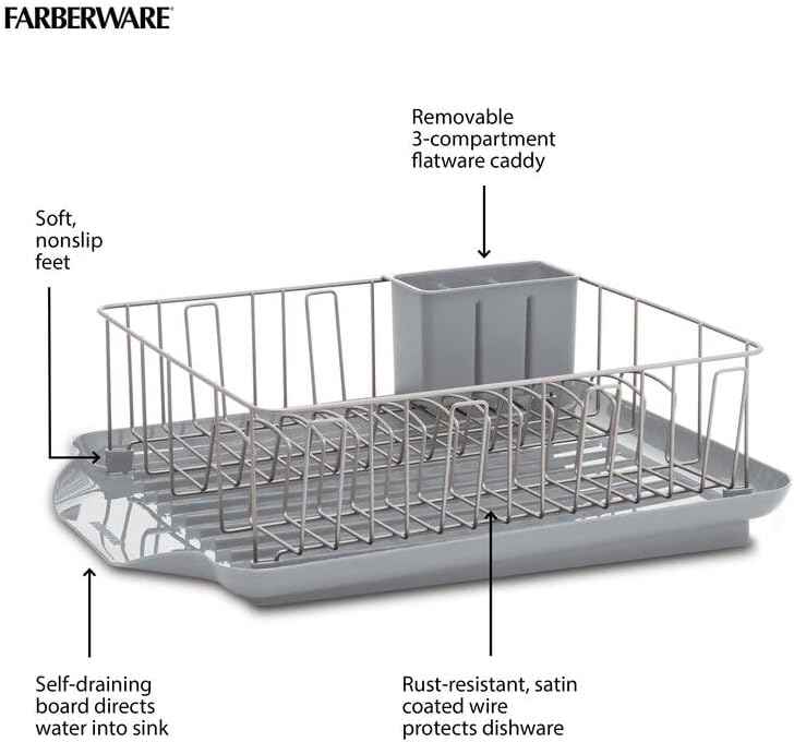 Farberware Classic 3-Piece Dish Drying Rack Set for Kitchen Counter, Gray - Rust-Resistant Wires, Self-Draining Board, Flatware Caddy, Non-Slip Feet