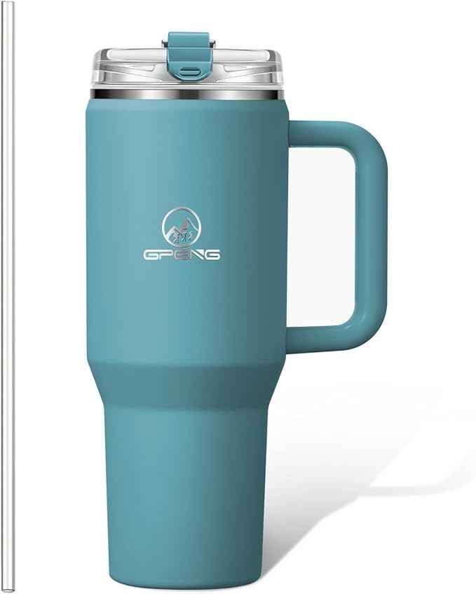 Gpeng 30/40/50 oz Tumbler with Handle, Water Bottles with Straw Lid, Insulated Stainless Steel Travel Mug Cup Holder Friendly, Keep Drinks Cold or Hot for Hours (LightBlue, 30 oz)