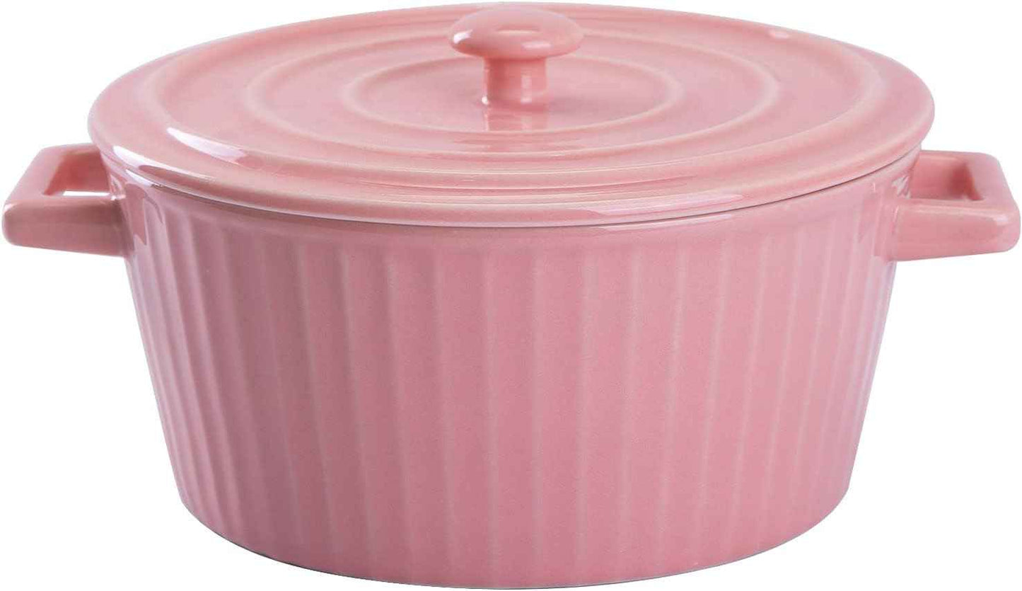 WHJY Pink Ceramic Casserole Dish with Lid，1 Quart Ceramic Casserole Pan for Bakeware Oven