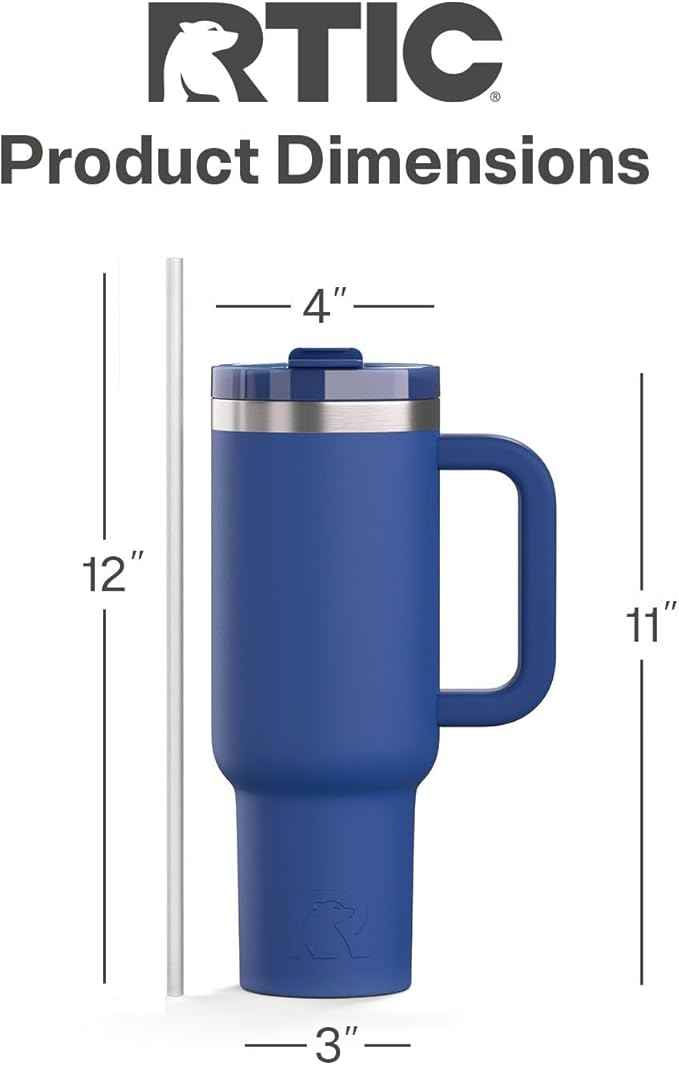 RTIC 40 oz Road Trip Tumbler Double-Walled Cermaic Lined Insulated Stainless Steel Portable Travel Coffee Mug Cup with Lid, Handle and Straw, Cobalt